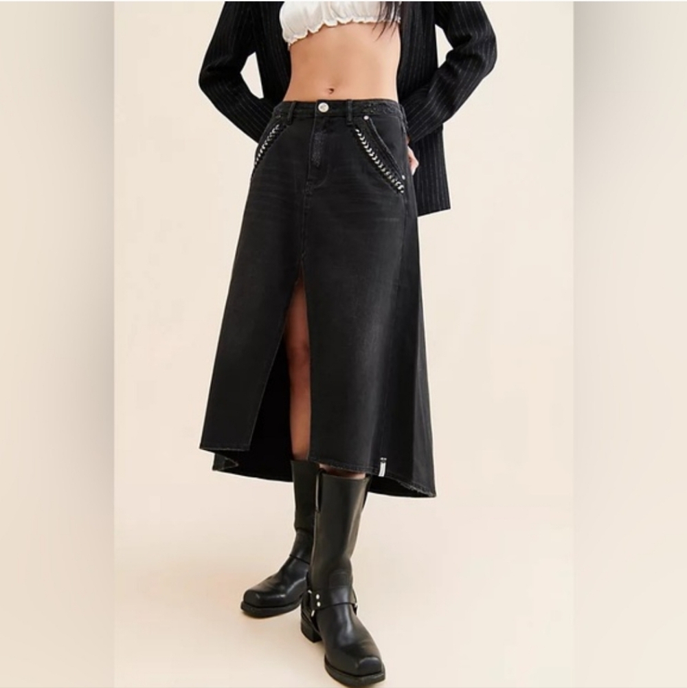 One Teaspoon X Free People Chain Midi Skirt Black Grunge Gothic Biker Size 25 - Picture 2 of 16